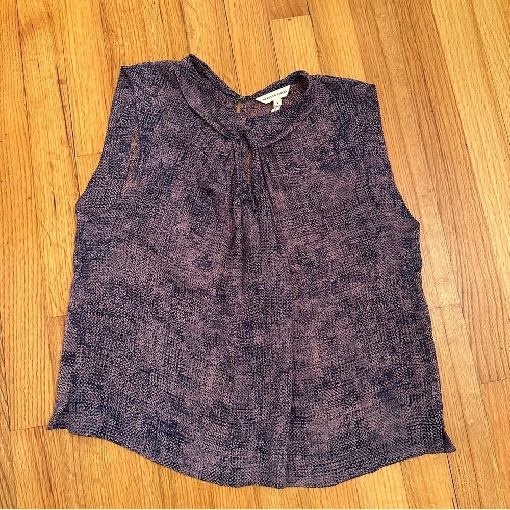 REBECCA TAYLOR Purple Geometric Peter Pan Collar Knot Front Silk Shell Size 4 #